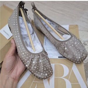 Zara Taupe Crystal-Studded Suede Ballet Flats